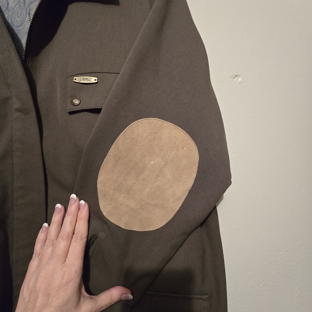 Austin Reed Field Jacket XL‎ Chore Barn Coat Olive Leather Collar Elbow Gorpcore - Picture 8 of 16